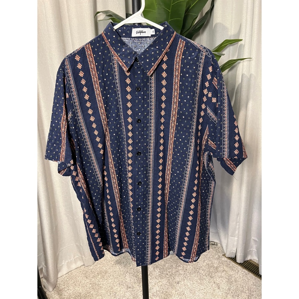 Vatpave Mens XL Short Sleeve Button Down Shirt Navy Blue Geometric